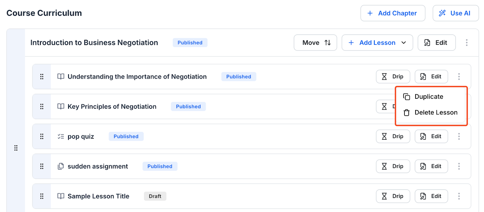 This image contains the screenshot of Klasio course curriculum editing screen with 'Duplicate' or 'Delete Lesson' in highlight.