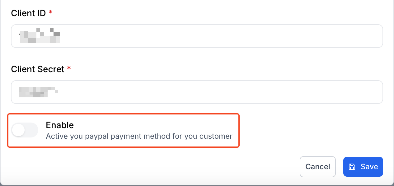 This image is a screenshot of Klasio PayPal setup pop up with the option to enable PayPal payment in highlight.