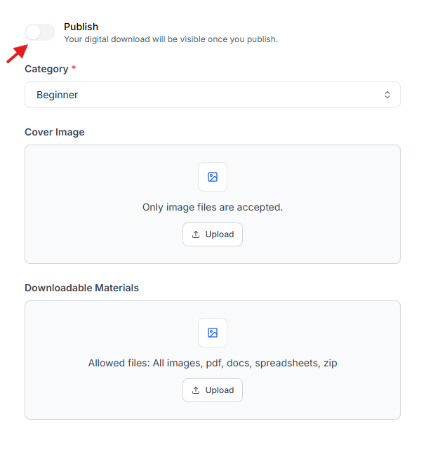 This image is a screenshot of Klasio digital downloads configuration window with the Publish toggle in highlight