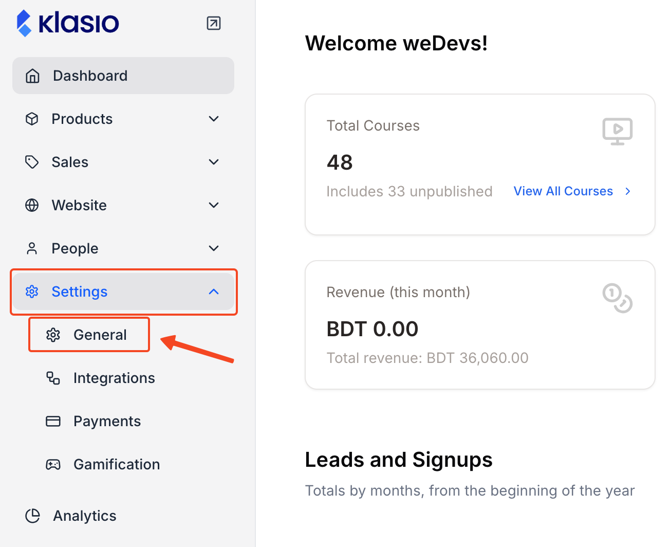 This image is a screenshot of Klasio admin dashbaord, with the General tab under Settings menu  in highlight.