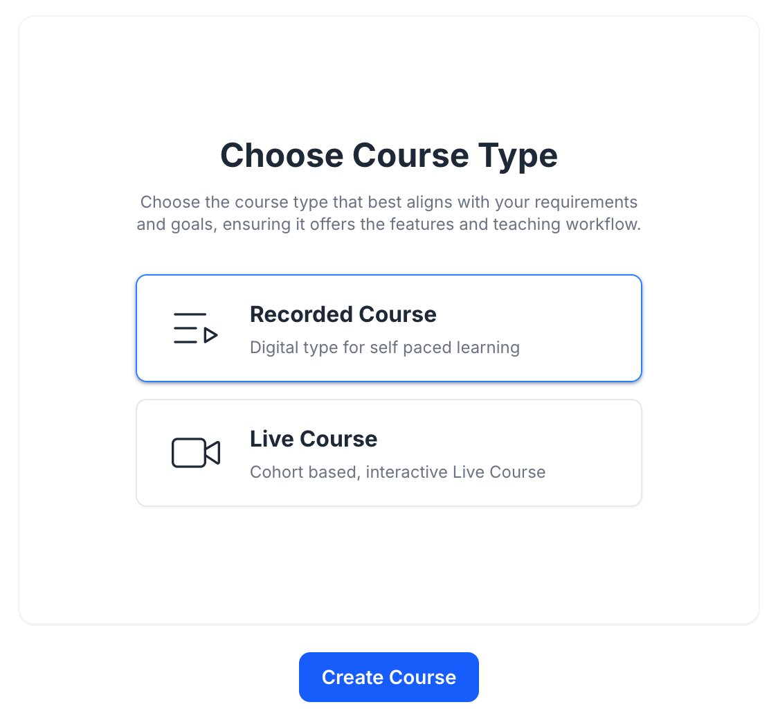 This image contains the screenshot of Klasio course type selection screen while creating a new course.