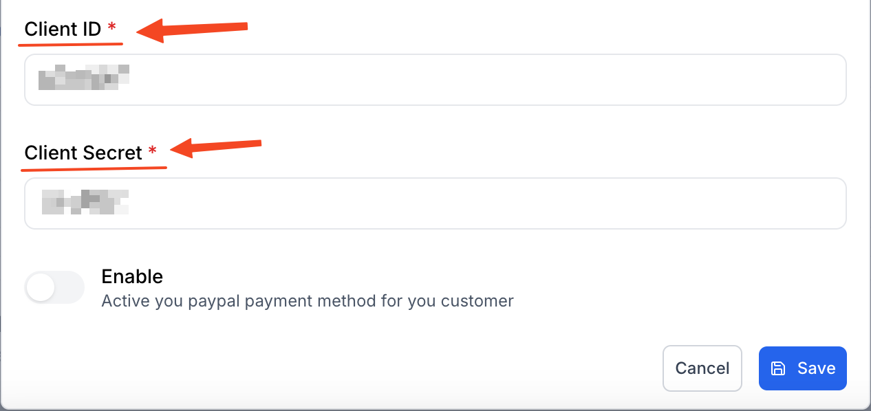 This image is a screenshot of Klasio PayPal setup pop up with the option to insert Client ID and Client Secret in highlight