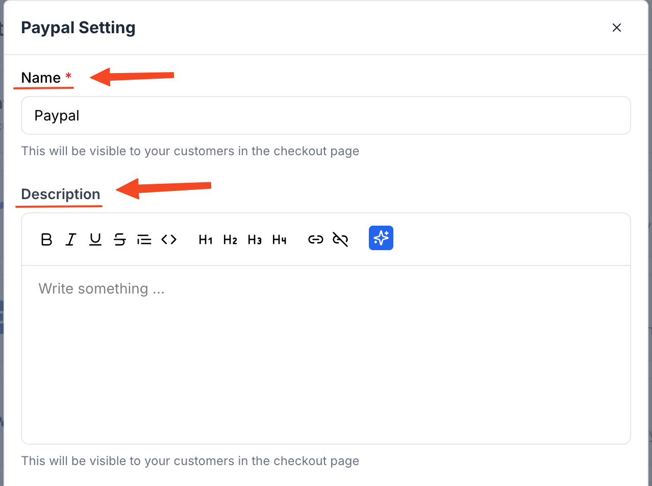 This image is a screenshot of Klasio PayPal setup pop up with the option to insert Merchant Name and Description in highlight.