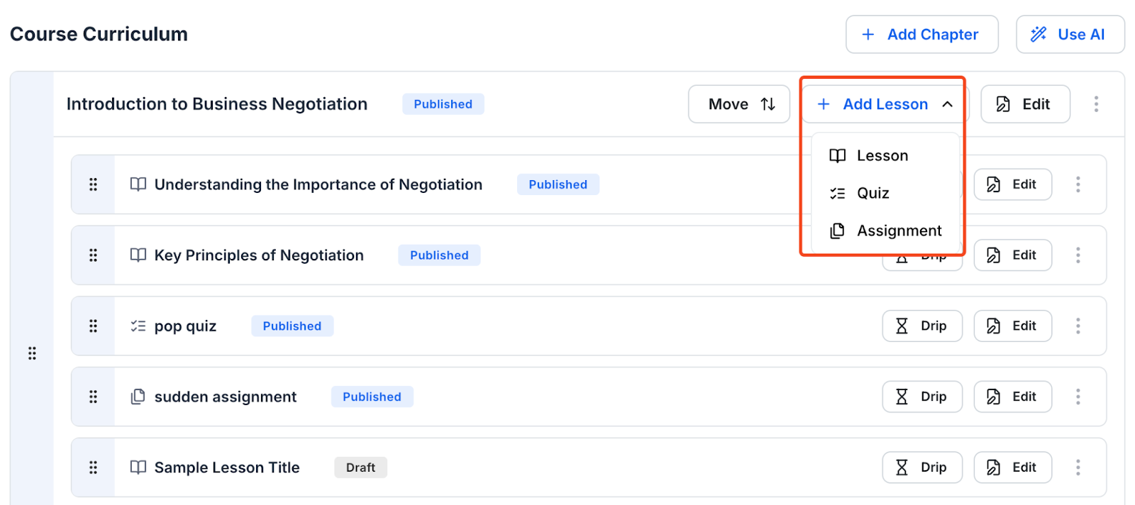 This image contains the screenshot of Klasio course curriculum editing screen with 'Add Lesson' button in highlight.
