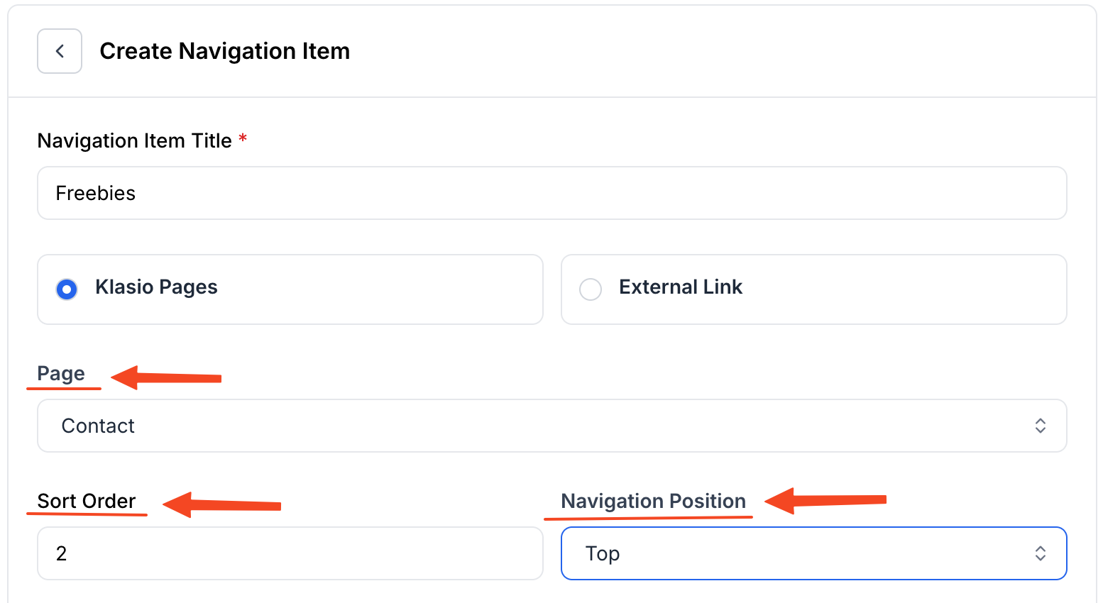 This image is a screenshot of Klasio New Navigation creation window with the option to select page order and position in highlight.
