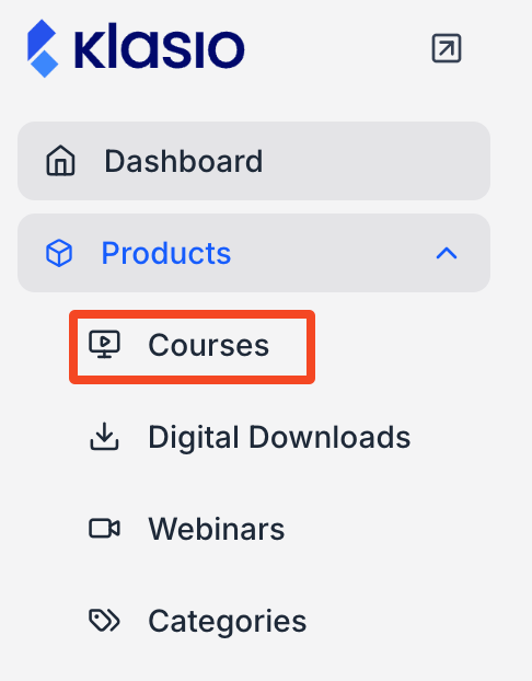 This image contains the screenshot of Klasio navigation menu with 'Courses' highlighted with a red bordered rectangle.