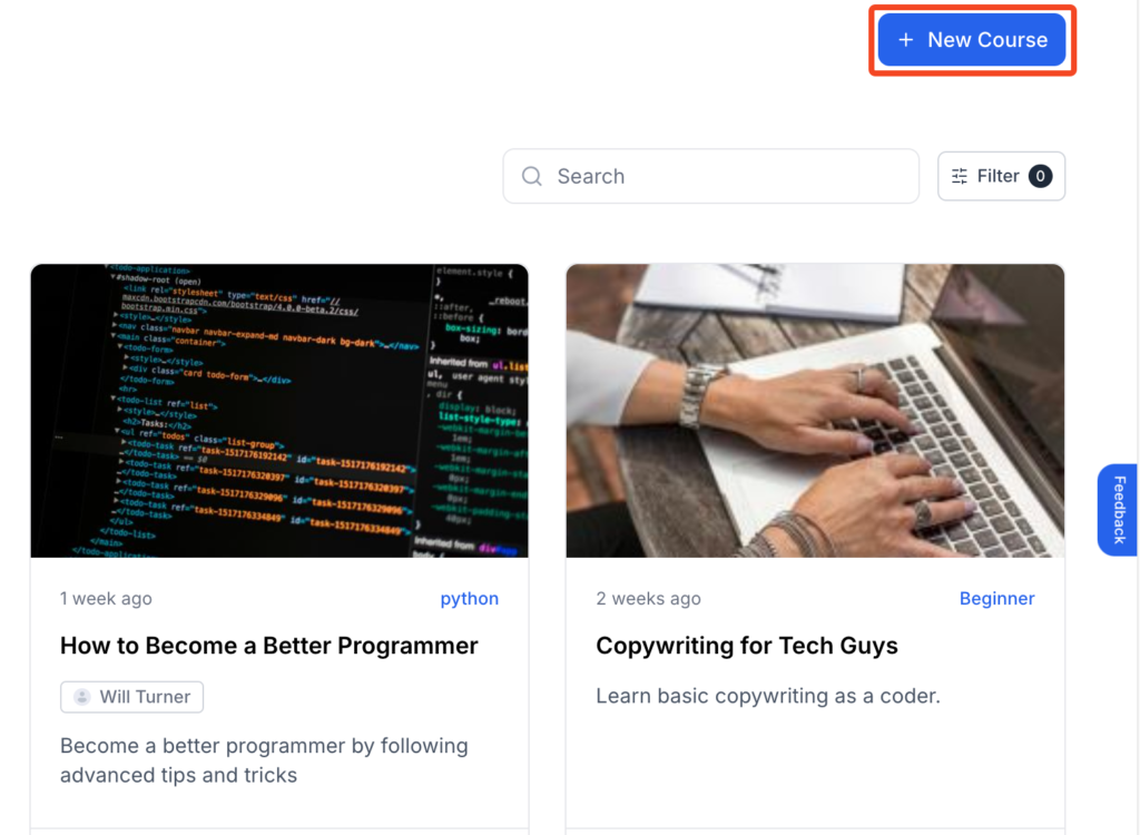 This image contains the screenshot of Klasio Courses screen with the 'New Course' button in highlight.
