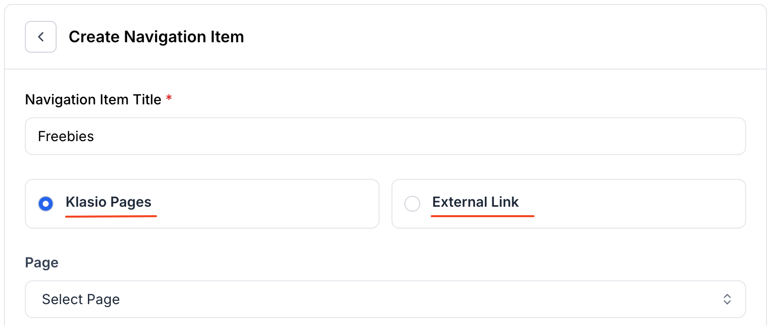 This image is a screenshot of Klasio New Navigation creation window with the option to select page type in highlight.