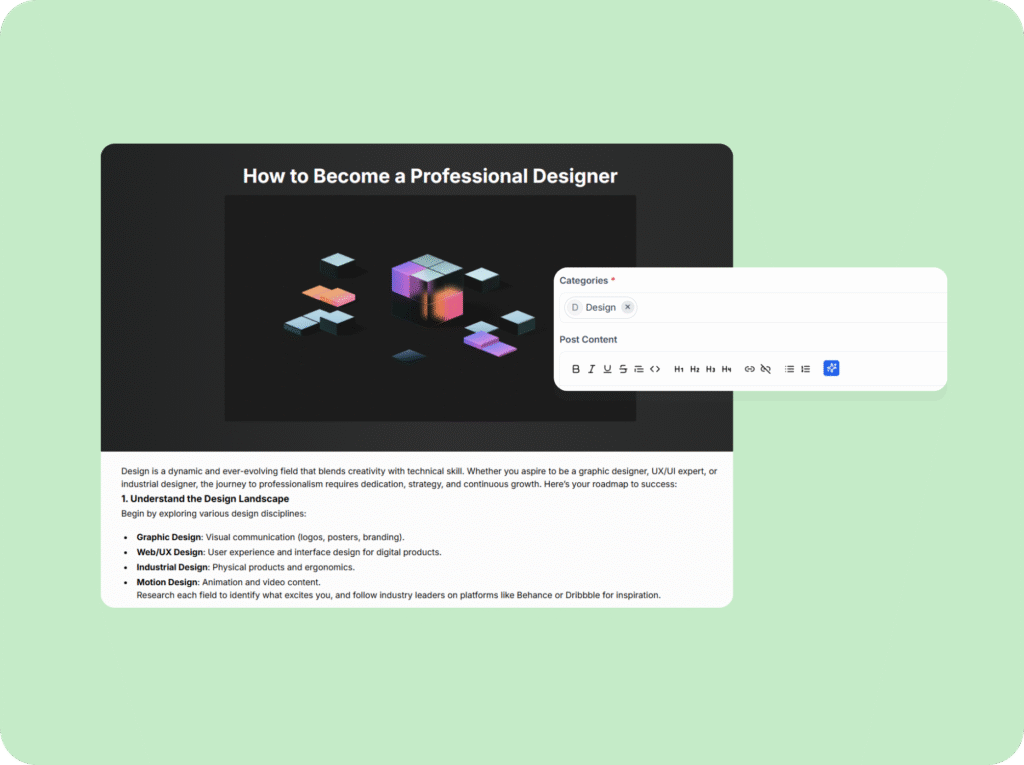 Blog post category selection and blog post frontend view