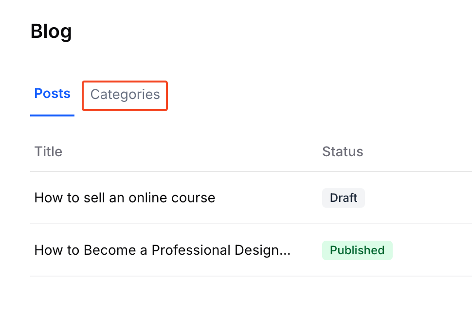 This image is a screenshot of Klasio Blog menu with the Categories button in highlight.