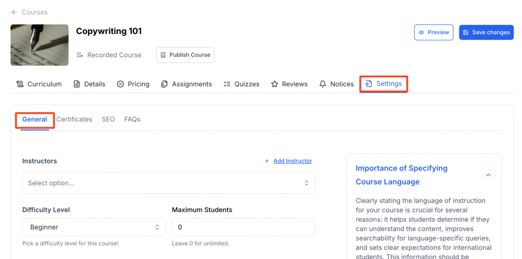 This image contains the screenshot of Klasio course editing menu with Pricing tab in highlight.