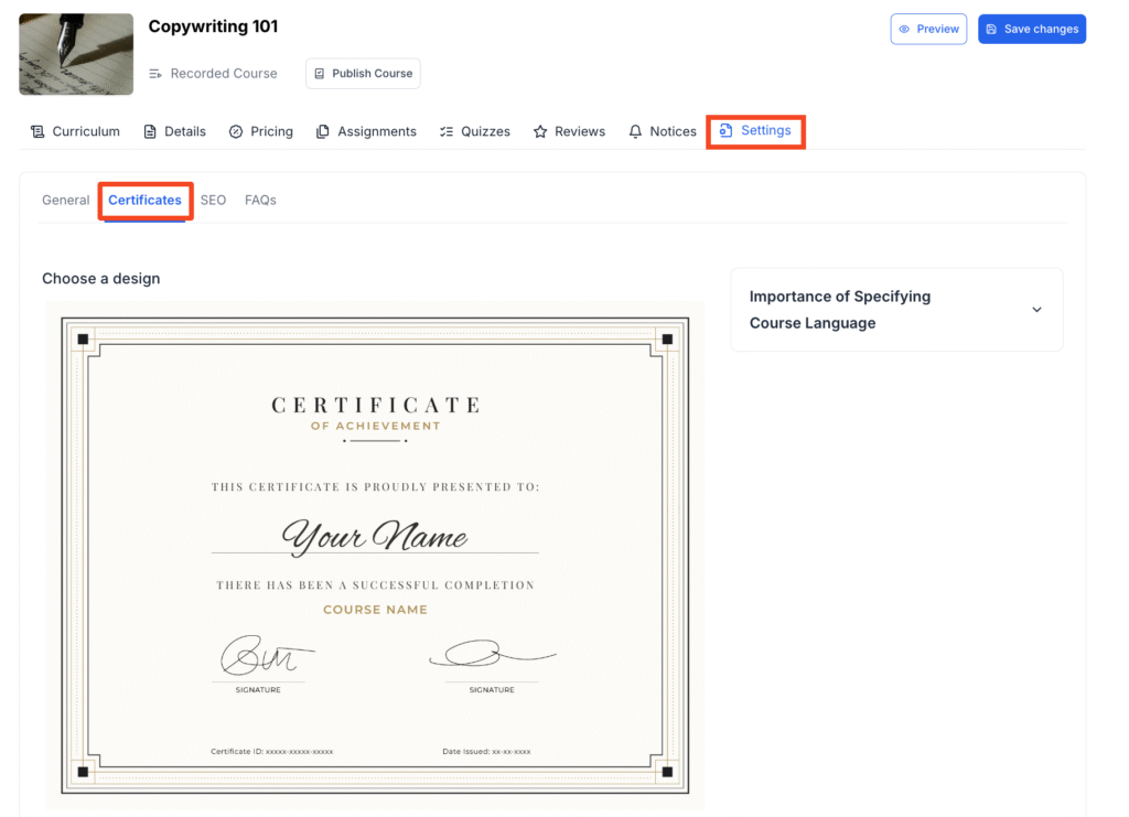 This image contains the screenshot of Klasio certificate issue option under course settings.