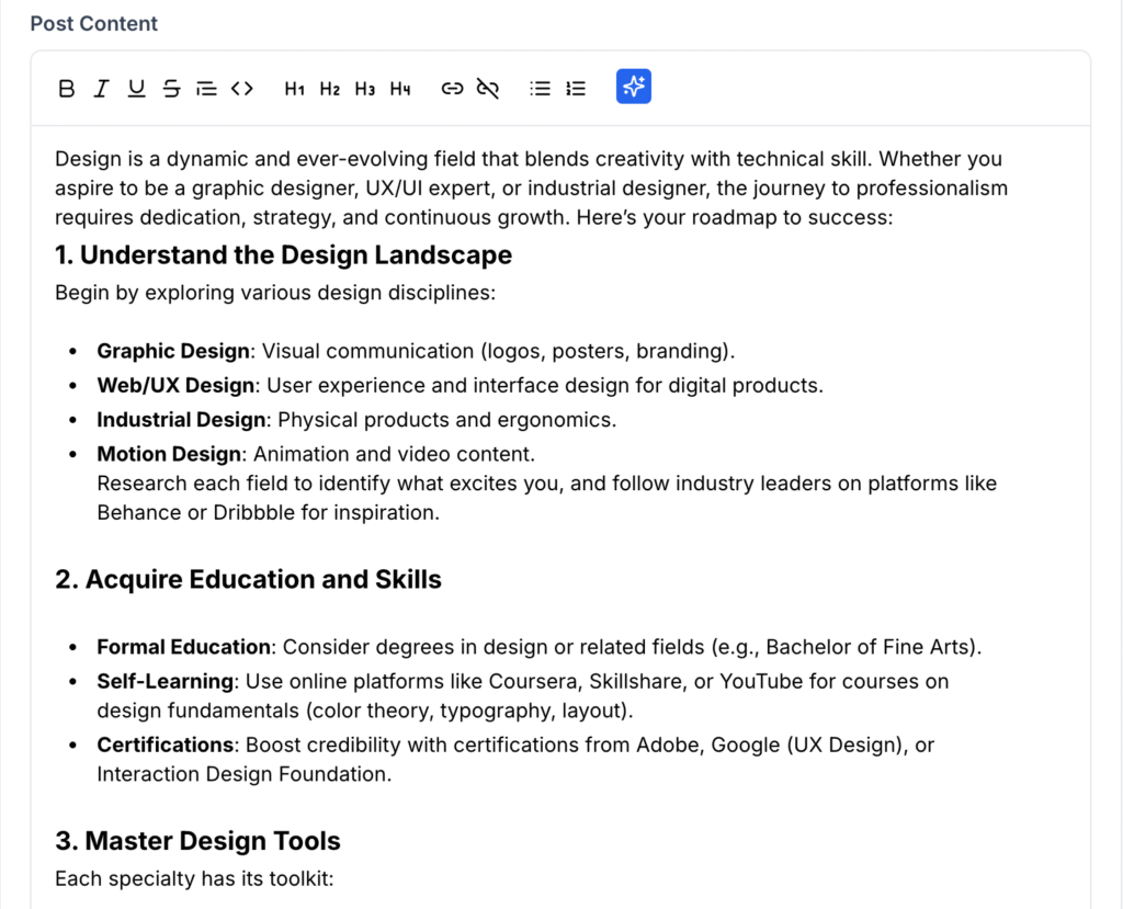 This image is a screenshot of Klasio Blog Post creation window with the Markdown tool in highlight.