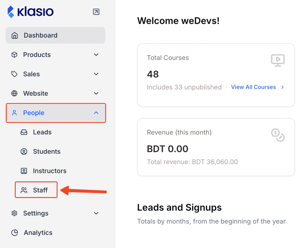 This image is a screenshot of Klasio navigation menu with the Staff tab under People in highlight.