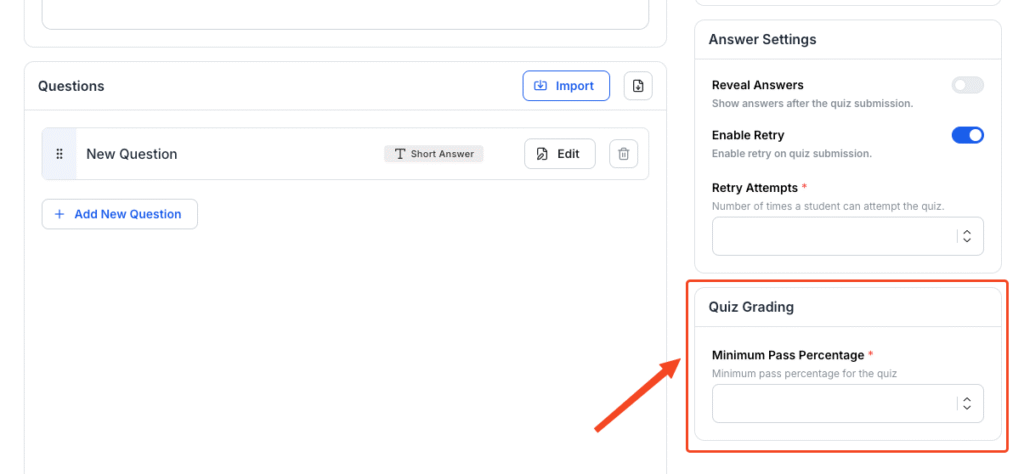 This image is a screenshot of Klasio
new quiz creating screen with Quiz 'Quiz Grading' widget in highlight.