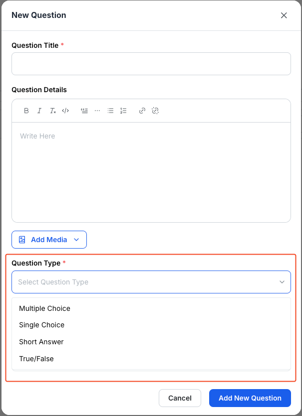 This image is a screenshot of Klasio
new quiz creating screen with 'Question Type' in highlight.