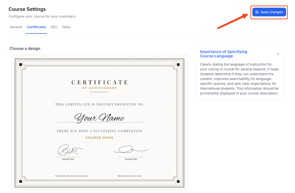 This image contains the screenshot of Klasio course certificate issue option with 'Save Changes' button in highlight