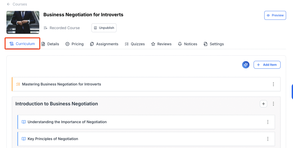 This image contains the screenshot of Klasio course outline editing panel.